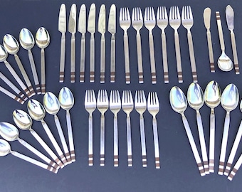 1960s Crosspoint Flatware by Stanley Roberts International. Mid Century Modern: Service for 6. Japan.