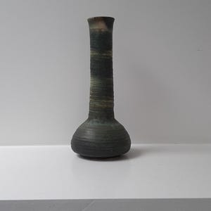 Puede incluir: Un jarrón de cerámica hecho a mano con una combinación de colores verde oscuro y marrón. Tiene una base bulbosa y un cuello largo y cilíndrico. La superficie texturizada añade atractivo rústico.