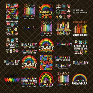 May include: A collection of colorful graphic designs with the phrase "Equality Hurts No One." The designs feature rainbows, books, and various symbols of unity and justice, set against a dark background.