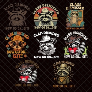 Può includere: Una collezione di disegni a tema procione con le scritte "Class Dismissed" e "Now Go On...Git!". I procioni indossano cappelli e tengono oggetti, tra cui un cuore con la scritta "Love Y'all".