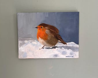 rudzik – zimowy ptak – obraz na płótnie 24 x 18 cm – wyjątkowa dekoracja ścienna