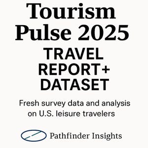 May include: White background with the text "Tourism Pulse 2025" in a bold, black font. Below, it reads "TRAVEL REPORT + DATASET." The text "Fresh survey data and analysis on U.S. leisure travelers" is also present, along with the Pathfinder Insights logo.
