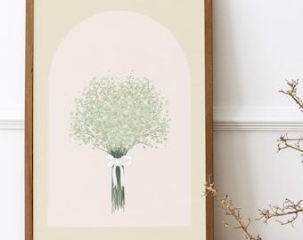 Baby's Breath Flower Bouquet Wall Art, Floral Illustration Artwork, Cottagecore Poster, Minimalist Wall Decor, Vintage Art, Digital Download