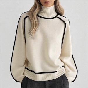 Suéter de cuello alto acogedor, jersey de punto minimalista con ribete en contraste, prenda de punto elegante para invierno, suéter informal elegante para mujer, jersey de punto