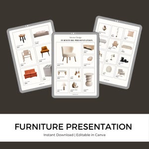 Può includere: Tre tablet digitali che mostrano presentazioni di mobili. Ogni tablet presenta vari articoli di arredamento, tra cui sedie, divani, lampade e tavoli. Il testo "Furniture Presentation" è visualizzato in basso, insieme a "Instant Download | Editable in Canva."