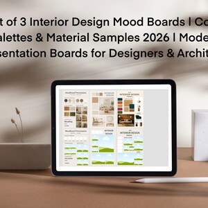 Puede incluir: Una tableta digital muestra tres paneles de tendencias de diseño de interiores con paletas de colores y muestras de materiales. La tableta está sobre una superficie marrón, acompañada de un lápiz blanco, un jarrón cuadrado blanco y un bloque de hormigón geométrico. El texto en la pantalla dice "Interior Design".