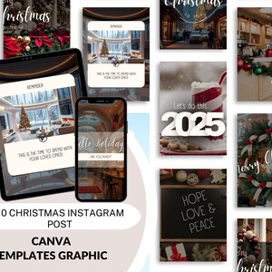 Può includere: Una presentazione digitale di 10 modelli di post di Instagram natalizi. I modelli presentano immagini festive, tra cui un albero di Natale, una ghirlanda e auguri di festa. Il testo include "Reminder", "Hello Holiday" e "Hope Love & Peace".