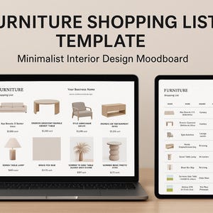 Può includere: Un laptop e un tablet che mostrano un modello di lista della spesa di mobili. Il laptop mostra una mood board con immagini di mobili, mentre il tablet presenta un elenco con nomi e prezzi degli articoli. Il testo in alto recita "FURNITURE SHOPPING LIST TEMPLATE".