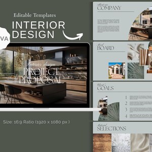 Può includere: Un laptop mostra un modello di proposta di progetto di interior design. Il modello include sezioni per le informazioni aziendali, mood board, obiettivi del cliente e selezioni dei materiali. Il design presenta una cucina moderna con un'ampia isola e una zona pranzo.