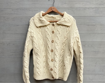 Vintage Hand Knit Cardigan, Soft Cream Colored Sweater, Size M/L