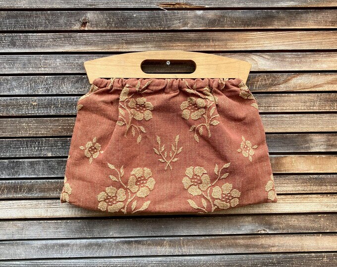 Vintage Sewing Bag, Floral Kitting Bag, Fabric Clutch With Wooden