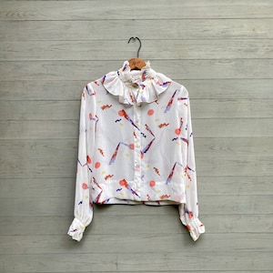Vintage 80s Sheer Confetti Blouse: Abstract Print, Size S