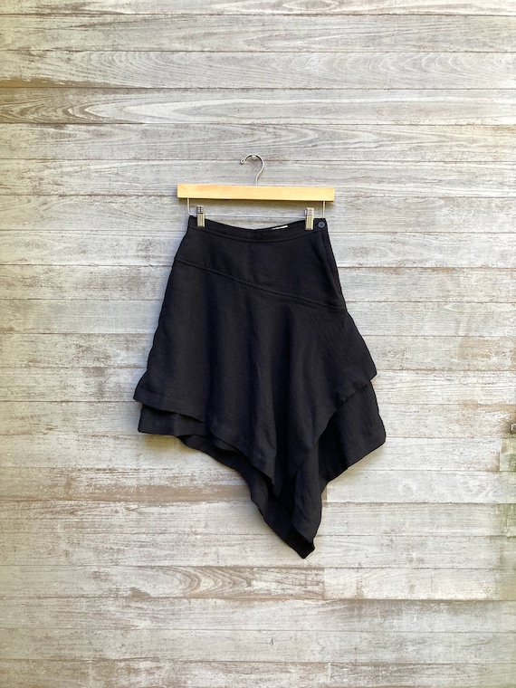 Vintage Asymmetrical Hem Skirt, Black Crepe Skirt,