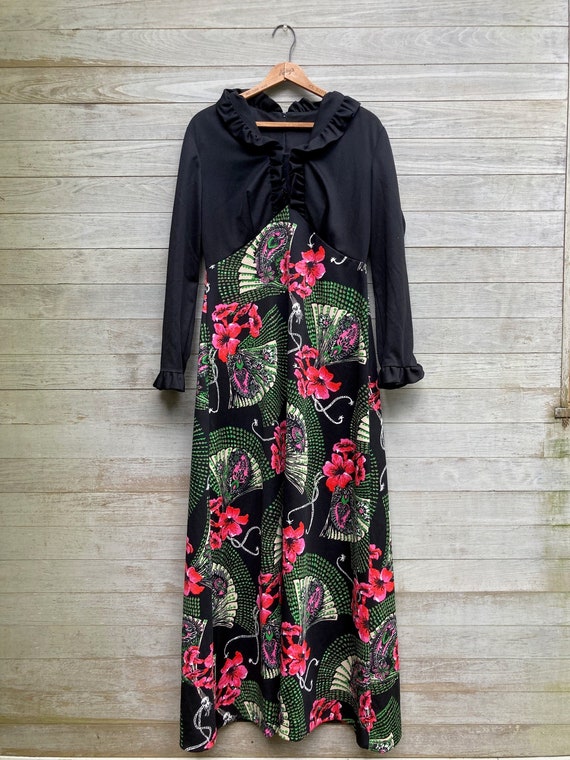 Vintage Maxi Dress with Fans and Flowers, 70' Dres