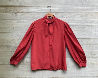 Vintage Secretary Blouse, Puffy Sleeve Blouse, Dark Red Blouse, Size S/M