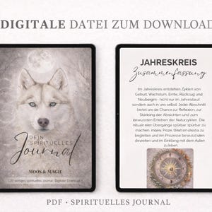 Könnte beinhalten: Digitaler Download eines spirituellen Journals, angezeigt auf zwei Tablets. Ein Tablet zeigt eine Wolfsillustration mit dem Text "DEIN SPIRITUELLES JOURNAL". Das andere Tablet zeigt Text über den "JAHRESKREIS" und einen Kompass.