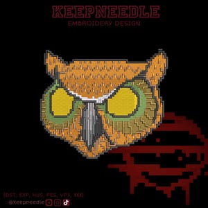 May include: An owl embroidery design in shades of orange, yellow, and green. The design includes the text "KEEPNEEDLE EMBROIDERY DESIGN" and social media handles. The owl has large yellow eyes and a detailed, textured appearance, suitable for embroidery projects.