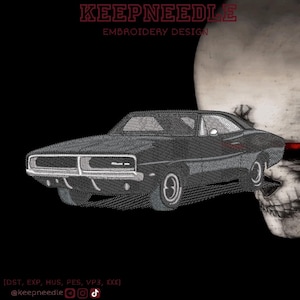 May include: An embroidered design featuring a black classic car with a skull in the background. The text "KEEPNEEDLE EMBROIDERY DESIGN" is at the top. The bottom of the image includes file formats and social media handles.