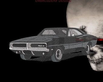 Design de bordado de carro clássico muscle car, arquivo digital 18 x 7 cm, formatos DST, PES e JEF.