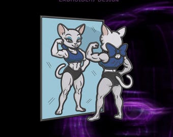 Desenho de bordado de gato de desenho animado forte – Mirror Flex Kitty – Download digital (DST, PES, JEF)