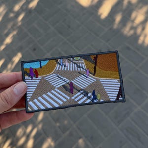 Aerial Crosswalk Embroidered Patch, Golden Hour City Intersection Art