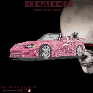 May include: Pink convertible car embroidery design with white accents and a skull graphic. The text "KEEPNEEDLE EMBROIDERY DESIGN" is at the top. The bottom of the image includes social media icons and file type information.