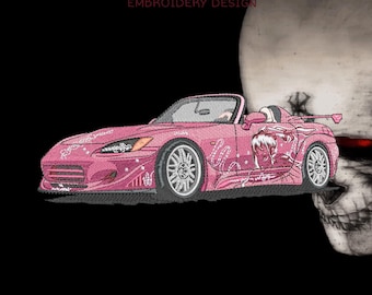 Desenho de bordado de carro de drift rosa, arquivo digital 22 x 9 cm, formatos DST, PES e JEF.
