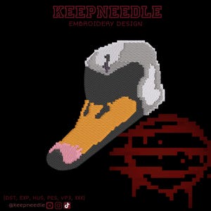 May include: An embroidered sneaker design in grey, orange, and pink, on a black backdrop. The text "KEEPNEEDLE EMBROIDERY DESIGN" is at the top. The design includes the text "@keepneedle" and social media icons.