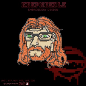May include: A digital embroidery design showing a pixelated portrait of a man with red hair, a beard, and glasses. The text "KEEPNEEDLE EMBROIDERY DESIGN" is at the top. The bottom of the image includes social media handles and file type information.
