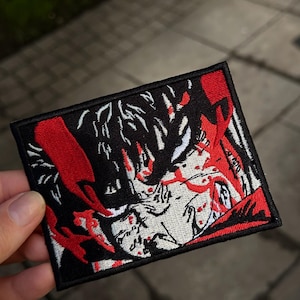 Dark Fantasy Manga Patch – Armoured Warrior and Winged Fairy, Red Black Crosshatch Panel Art
