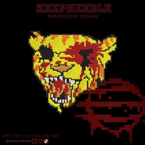 May include: An embroidered design of a snarling bear's head in yellow, orange, and red pixelated style. The text "KEEPNEEDLE EMBROIDERY DESIGN" is at the top. The design includes the text "@keepneedle" and social media icons at the bottom.