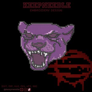 May include: A digital embroidery design of a purple panther's head with an open mouth, set against a black background. The design includes the text "KEEPNEEDLE EMBROIDERY DESIGN" in red.