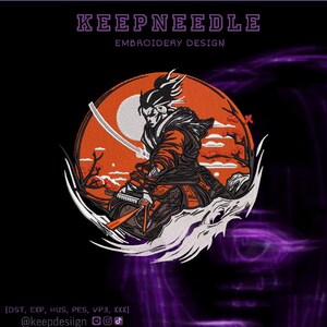 May include: An embroidery design featuring a samurai warrior in a dynamic pose, holding a katana. The design is set against an orange backdrop with a full moon and stylized landscape. The text "KEEPNEEDLE EMBROIDERY DESIGN" is at the top.