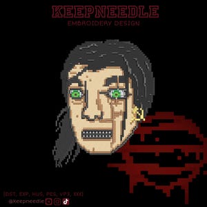 May include: An embroidery design with a pixelated portrait of a person with green eyes and dark hair. The text "KEEPNEEDLE EMBROIDERY DESIGN" is at the top. The bottom includes social media handles and file type abbreviations.