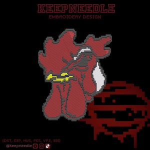 May include: Red rooster head embroidery design with yellow accents and white highlights. The text "KEEPNEEDLE EMBROIDERY DESIGN" is at the top. The bottom of the image includes social media handles and file type information.