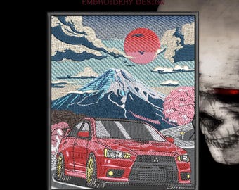 Desenho de bordado de carro com cena da montanha Fuji, arquivo digital 18 x 15 cm, formatos DST, PES e JEF.