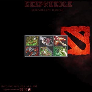 Projekt haftu w stylu Dota Item Build – układ ekwipunku z 6 miejscami, plik cyfrowy (DST, PES, JEF)