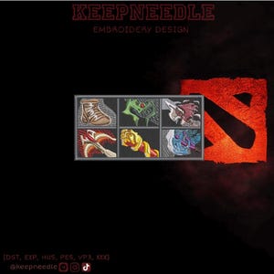 Puede incluir: Parche bordado con seis iconos de juego detallados, con un logotipo rojo y dorado en el fondo. El texto "KEEPNEEDLE EMBROIDERY DESIGN" está en la parte superior. Las redes sociales se muestran en la parte inferior de la imagen.
