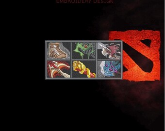Projekt haftu w stylu Dota Item Build – układ ekwipunku z 6 miejscami, plik cyfrowy (DST, PES, JEF)