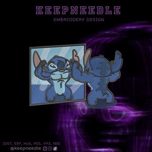 May include: An embroidery design featuring a muscular blue cartoon character flexing in front of a mirror. The design includes the text "KEEPNEEDLE EMBROIDERY DESIGN" and social media handles. The character is a stylized alien with large ears.