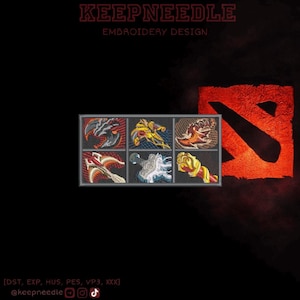 May include: Black background with a red Dota 2 logo and a grid of six embroidered patches featuring various game characters. The text "KEEPNEEDLE EMBROIDERY DESIGN" is at the top. Social media handles are at the bottom.