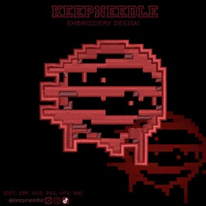 May include: Red pixelated embroidery design of a face with the text "KEEPNEEDLE EMBROIDERY DESIGN" above and social media handles below. The design is on a black background.