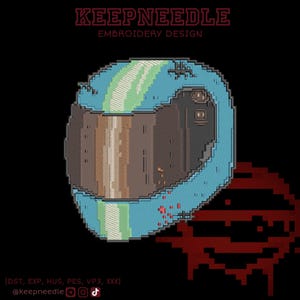 May include: An embroidered design of a motorcycle helmet in blue, brown, and green. The text "KEEPNEEDLE EMBROIDERY DESIGN" is at the top. The bottom includes social media handles and file types.
