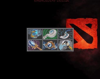 Projekt haftu w stylu Dota Item Build – układ ekwipunku z 6 miejscami, plik cyfrowy (DST, PES, JEF)