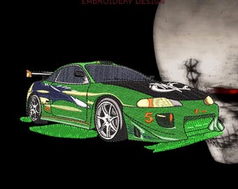 Desenho de bordado de carro de drift, arquivo digital 18 x 8 cm, formatos DST, PES e JEF.