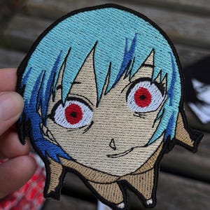 Embroidered Anime Face Patch | Sew-On or Hook & Loop | Blue Hair Red Eyes | Jacket Backpack