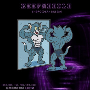 May include: An embroidered design of a muscular cartoon cat flexing in front of a mirror. The cat is blue with white accents and wearing blue briefs. The text "KEEPNEEDLE EMBROIDERY DESIGN" is at the top, with social media handles at the bottom.