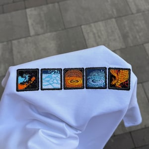 Jakiro Dota 2 Embroidered Tee, White Oversized T-Shirt with 5 Fire and Ice Ability Icon Patches, Handmade Dota Gift