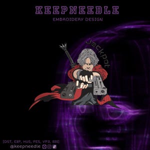 May include: An embroidery design of a character with grey hair, a red jacket, and two guns. The word "Jackpot" is written above the character. The text "KEEPNEEDLE EMBROIDERY DESIGN" is at the top. The bottom of the image includes file formats and social media handles.