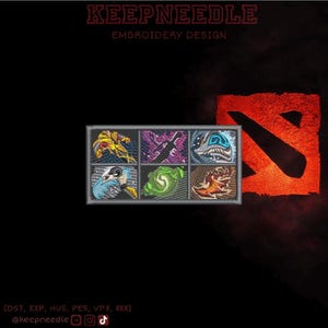 Puede incluir: Diseño bordado con seis coloridos iconos de juego dentro de un marco gris, con el texto "KEEPNEEDLE EMBROIDERY DESIGN" en la parte superior. Un gran logotipo naranja está a la derecha y las redes sociales en la parte inferior.